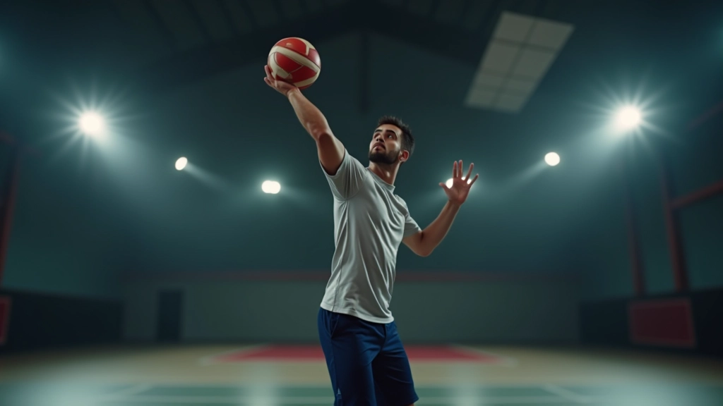 لاعب هاندبول يقوم برمية قوية في الملعب المغطى بإضاءة احترافية
